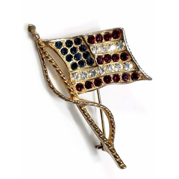 USA Flag Rhinestone Brooch Gold Tone Red White Blue Patriotic Vintage Pin - Picture 8 of 10